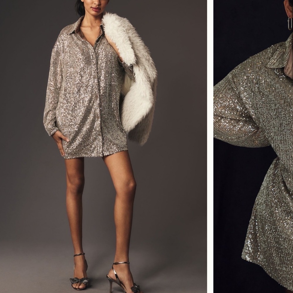 Anthropologie Flat White Sequin Tunic Dress Champagne Gold Button Front small